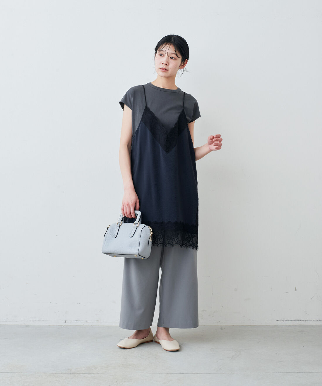 IEDIT|IEDIT[イディット]　セットでコーデ完成！ フレンチスリーブトップス＆ぜいたくレースのロングキャミソールセット|モデル身長：163cm　着用サイズ：M