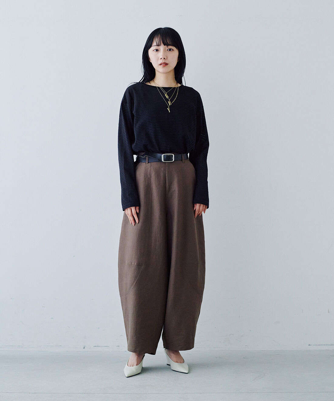 MEDE19F|MEDE19F　シアーボーダーカットソーの会|モデル身長：163cm　着用サイズ：M