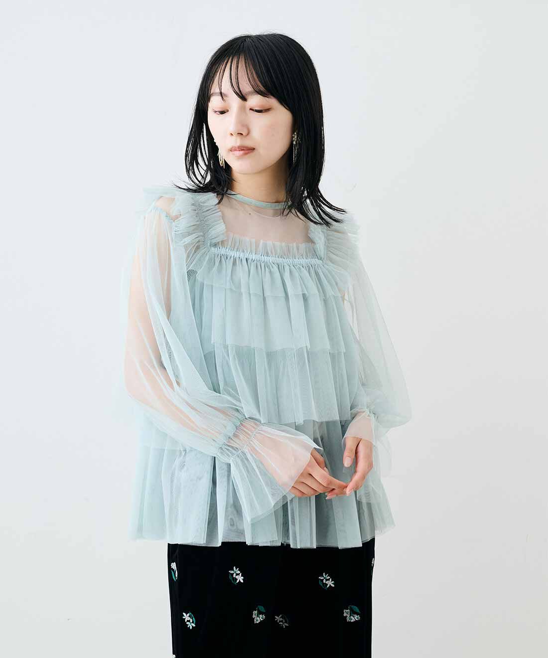 MEDE19F|MEDE19F　贅沢にチュールを重ねたビスチェトップスセット〈ミント〉|モデル身長：163cm　着用サイズ：M