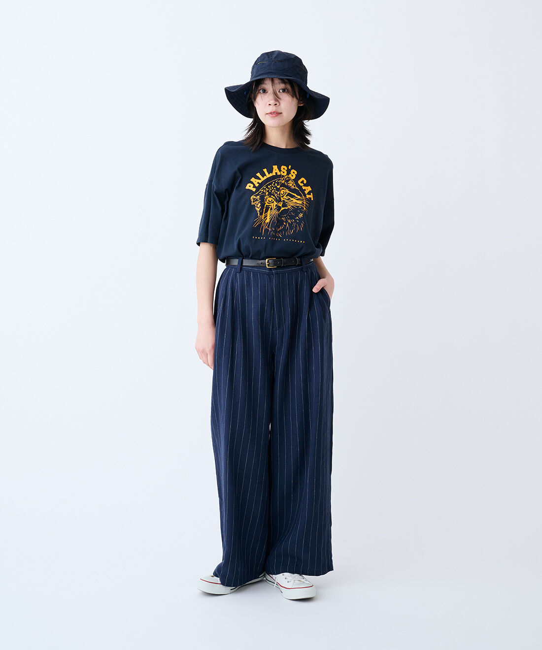 THREE FIFTY STANDARD|麻混ストライプワイドパンツ〈ネイビー〉のコーディネート