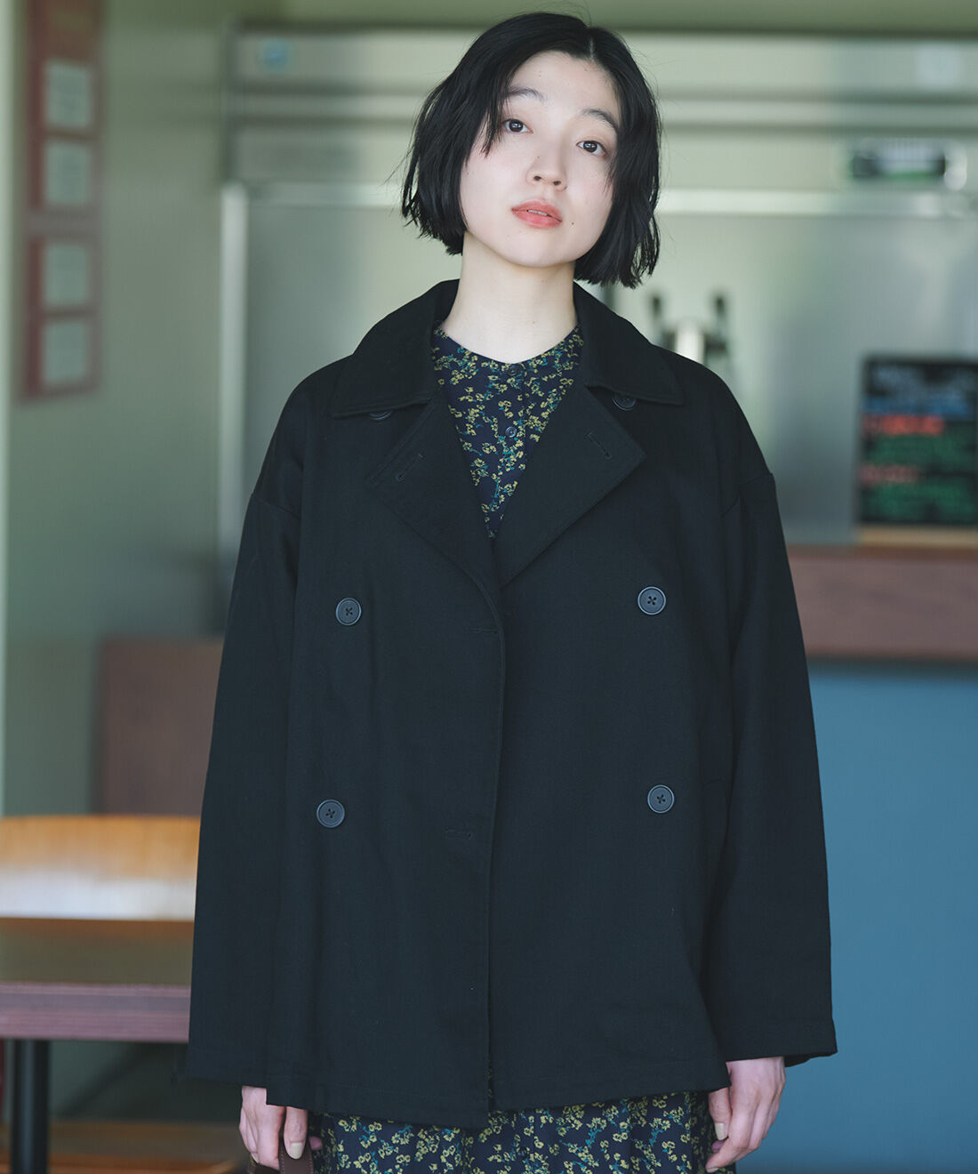 THREE FIFTY STANDARD|コットンツイルのダブルコート〈ブラック〉のコーディネート