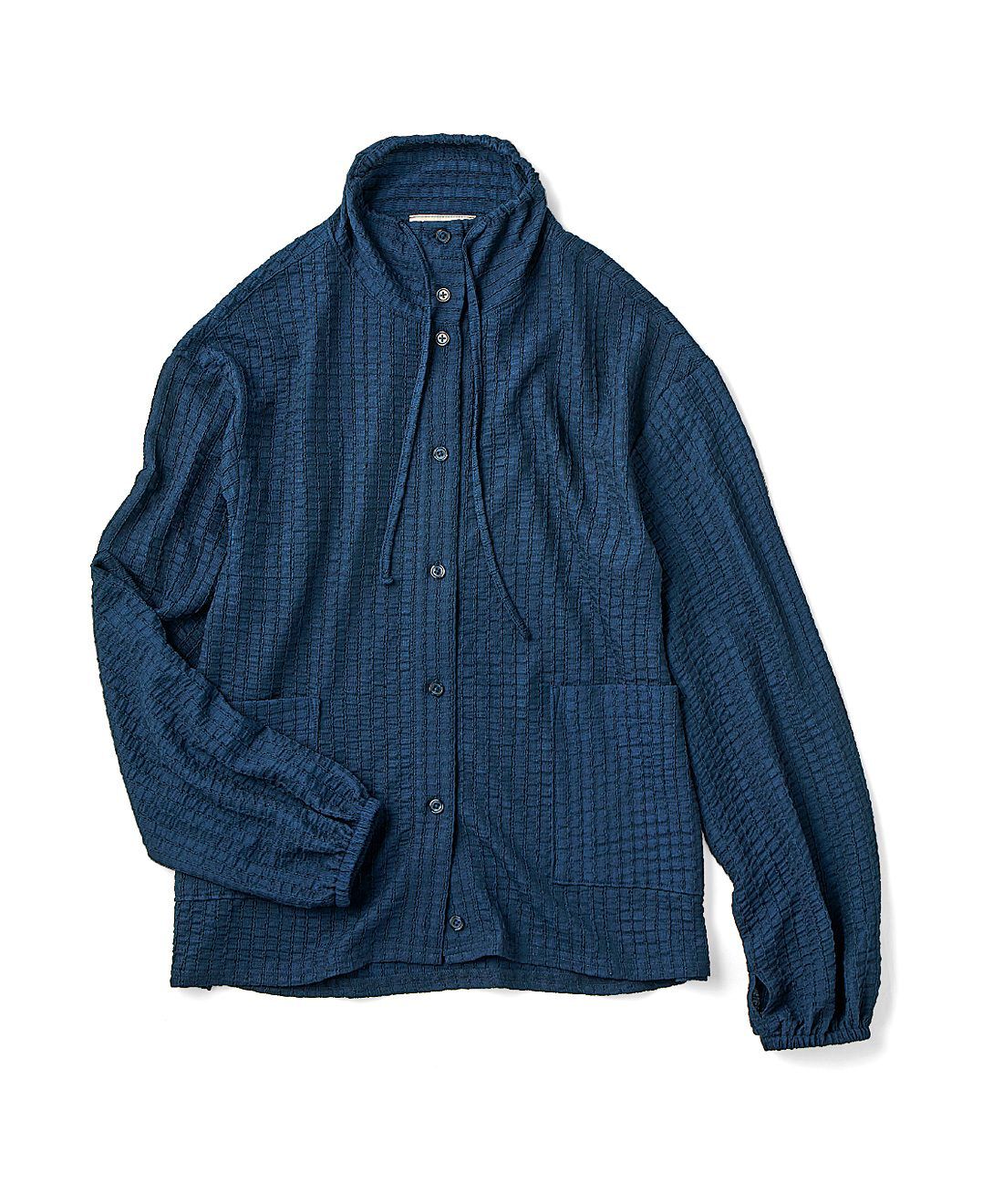 frauglatt|フラウグラット　フード気分♪　首もと隠せるさらぽこ素材のスタンドカラーシャツ〈ＵＶ対策〉の会|〈ネイビー〉