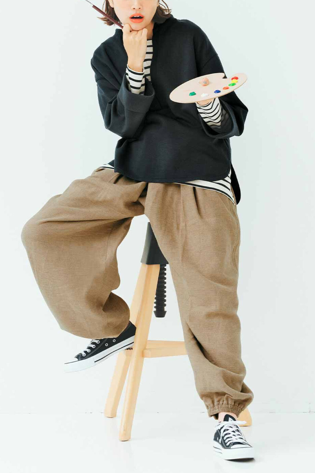 Live in  comfort|リブ イン コンフォート　動きやすくて暖かい！ ふわふわコットンネル起毛の裏ガーゼぽんわりパンツ〈チャコール杢〉