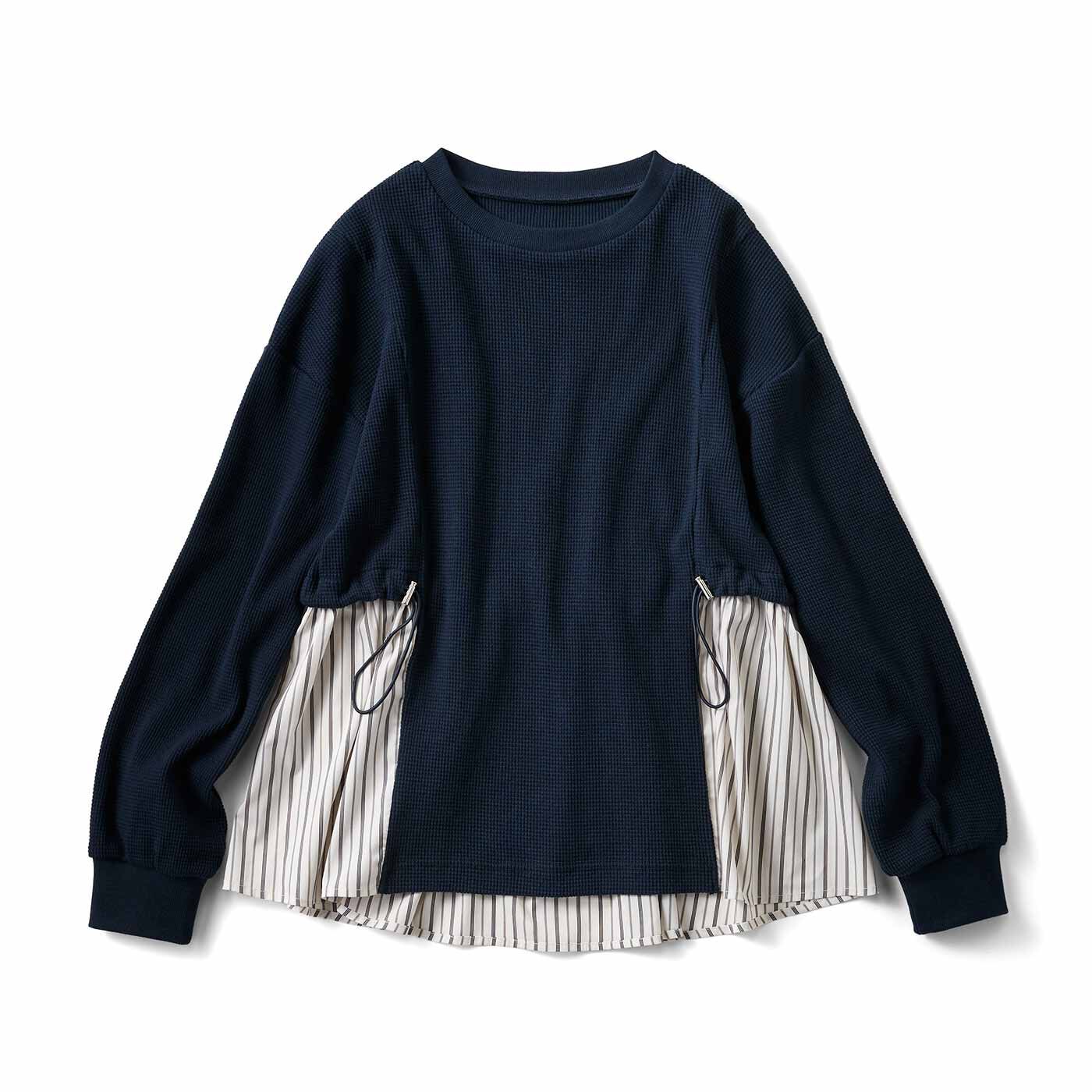 ワッフル素材のきれいめ切り替えトップス〈ネイビー〉